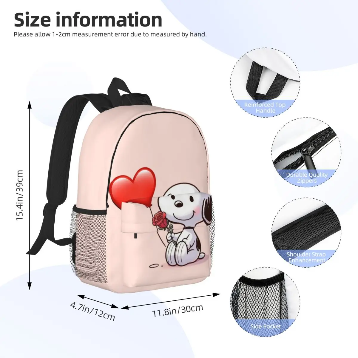 Mochila impermeável Snoopy de 15 polegadas – Bolsa de viagem leve com vários bolsos para organização