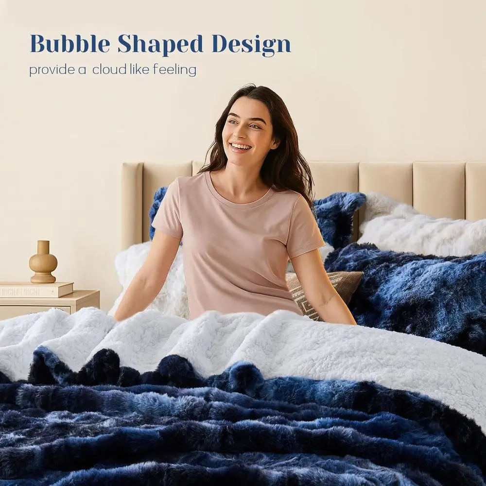 Komplet pościeli Queen Size Tie-Dye Navy z imitacji futra królika: pluszowa, ciepła i przytulna pościel na zimę