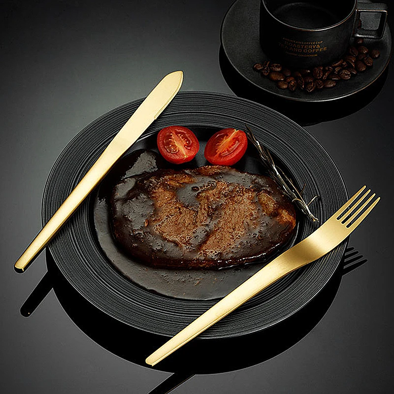 Golden Matte Cutlery Set Thickened Stainless Steel Creative Steak Knife Dessert Fork Spoon Dinnerware Set Kitchen Tableware
