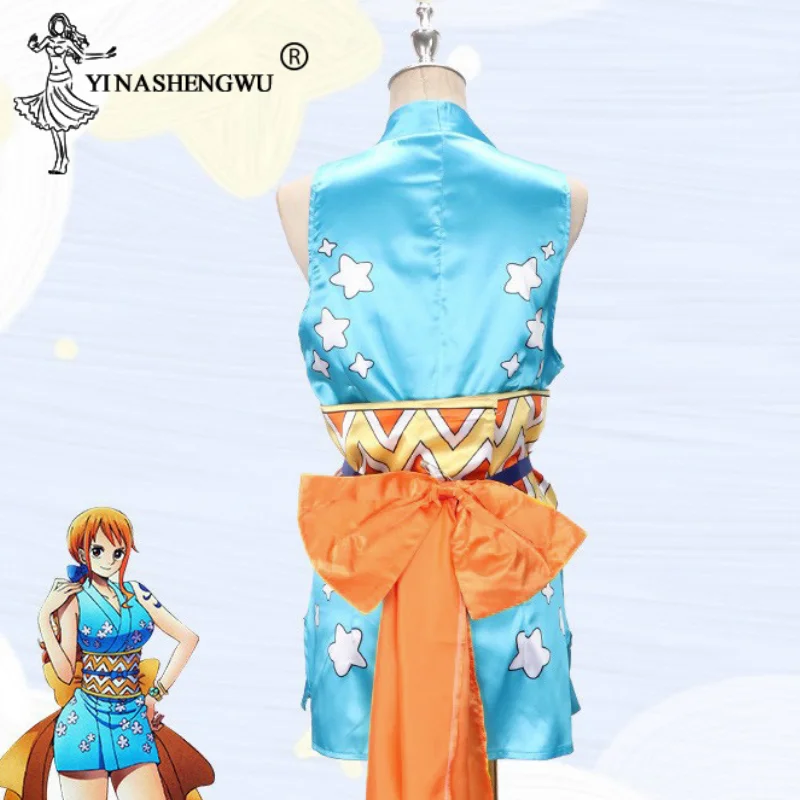 Anime ONEPIECE Nami Cosplay Costume Women Kimono Dress Outfits Halloween Carnival Party Roleplay Ninja Clothes Coser Orange Wig