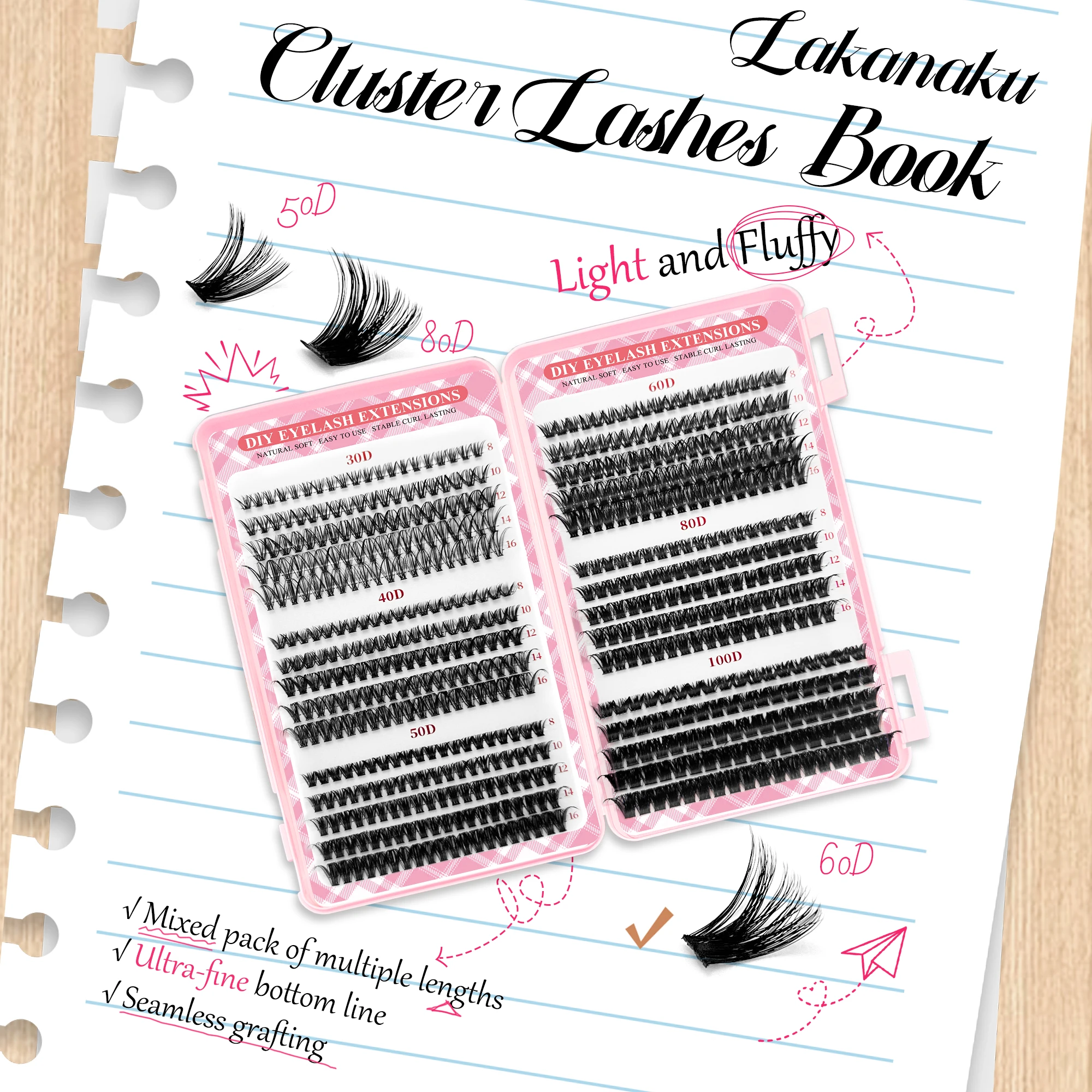 LAKANAKA Wispy Wimperncluster im Wet-Look, flauschige Premium-Wimperncluster für künstliche Wimpern, natürlich, Null-Belastung, individuell