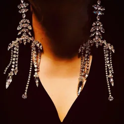 Trendy Exaggerated Crystal Long Tassel Earrings Jewelry for Women Luxury Design Geometry Rhinestone Dangle Earrings Wedding Gift