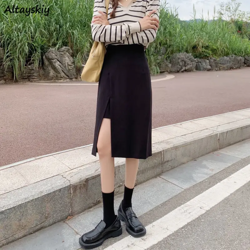 Midi Skirts Women Black Casual Vintage Minimalist Youthful Designed Creativity Side Slit Trendy Comfortable Summer Irregular