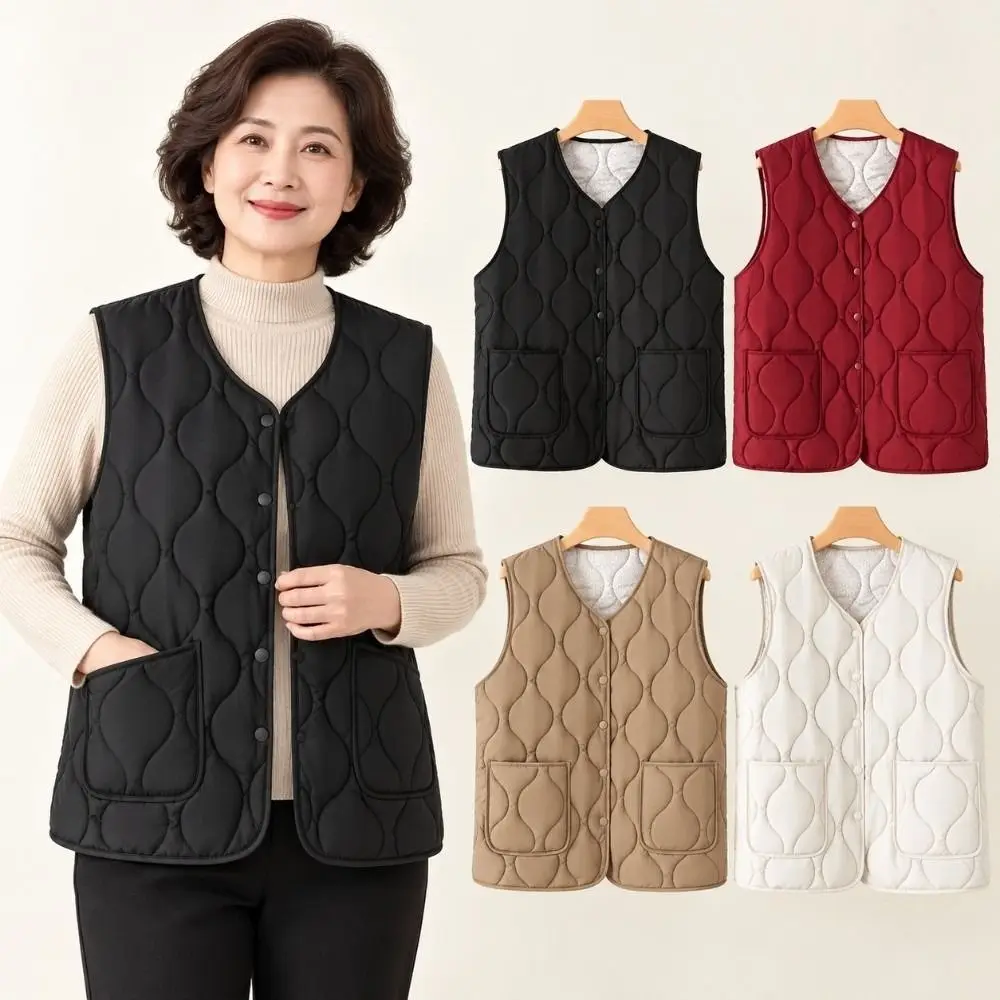 Fashion Snap Button Women's Vest Warm Cotton Fill Plus Size Cotton Vest Sleeveless Loose Waistcoat Casual Daily Wear
