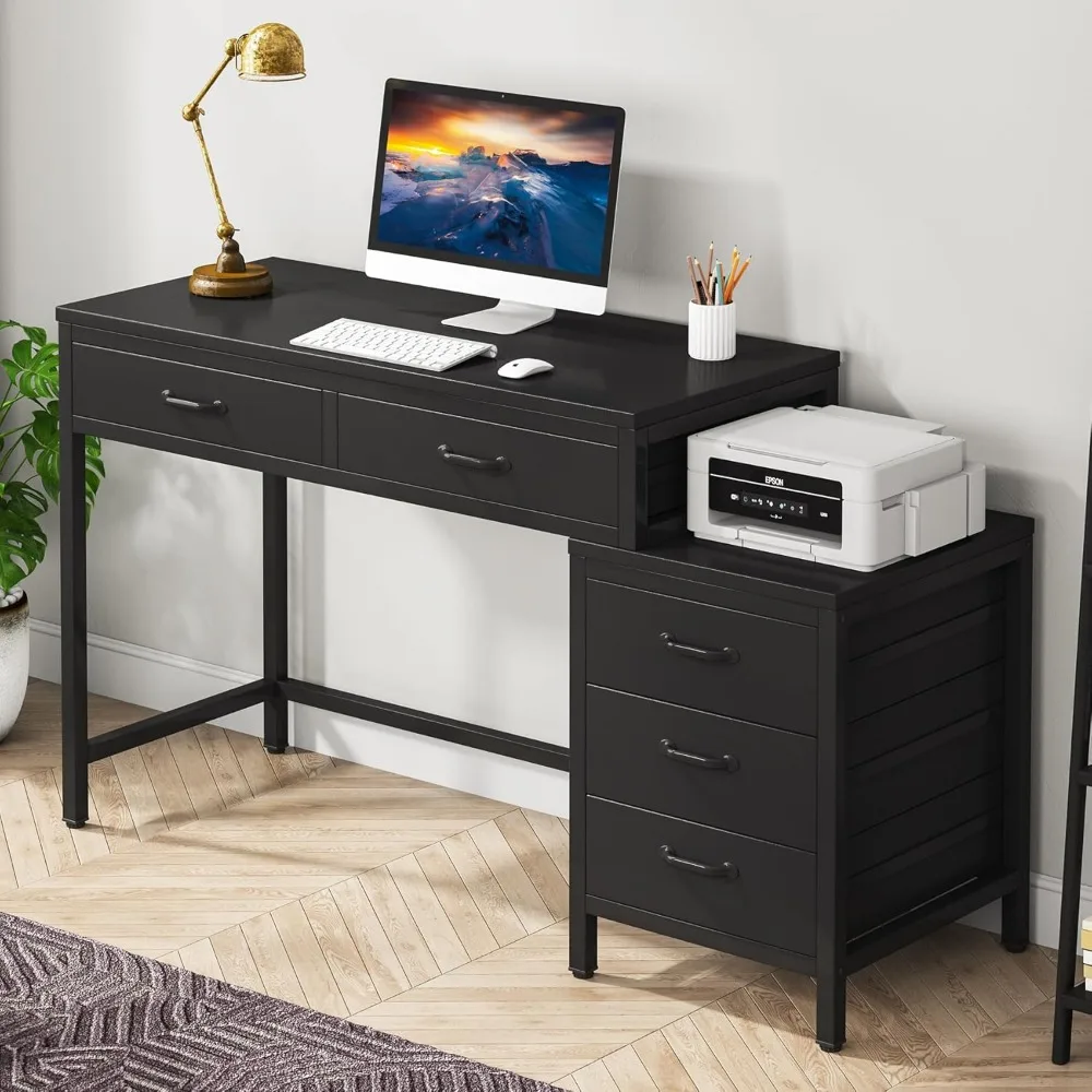 

Computer Desk with 5 Drawers, Home Office Desks with Reversible Drawer Cabinet Printer Stand, Industrial PC Desk with Storage,