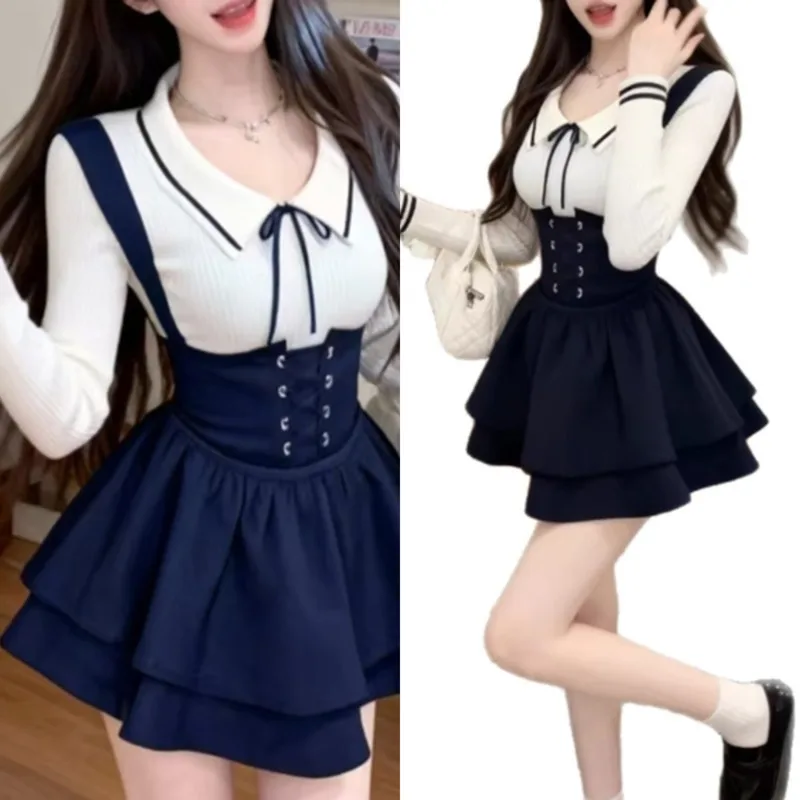 

Korean Style Knitted Top & Overall Skirt Set Y2K College Style Slim Fit Crop Sweater With Mini Suspender Skirt Outfit Women New