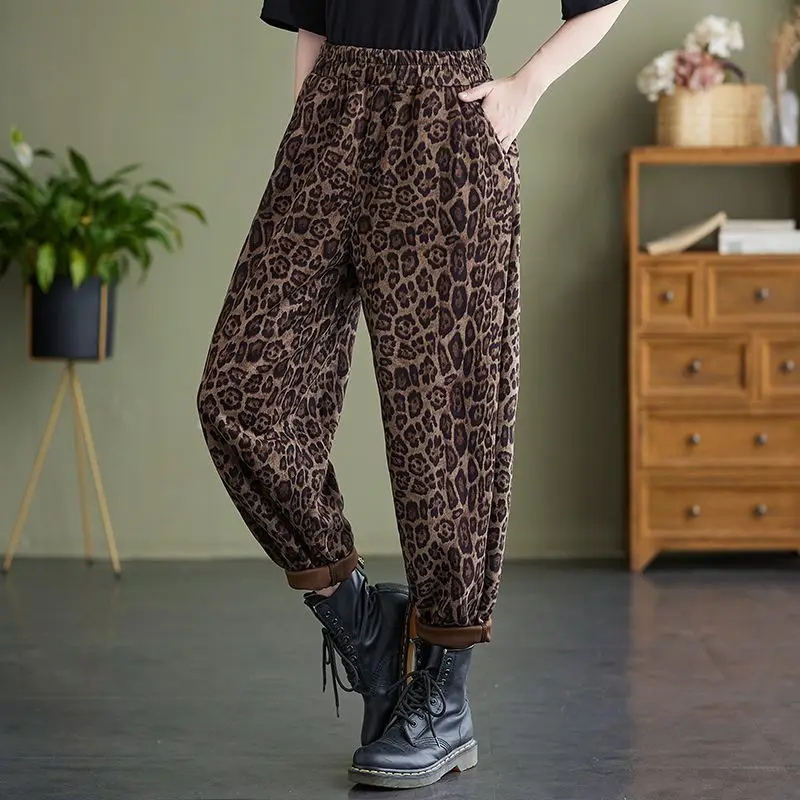 Celana Harem motif macan tutul elastis, pakaian wanita tipis musim gugur musim dingin, celana Streetwear Vintage longgar modis saku perca pinggang elastis