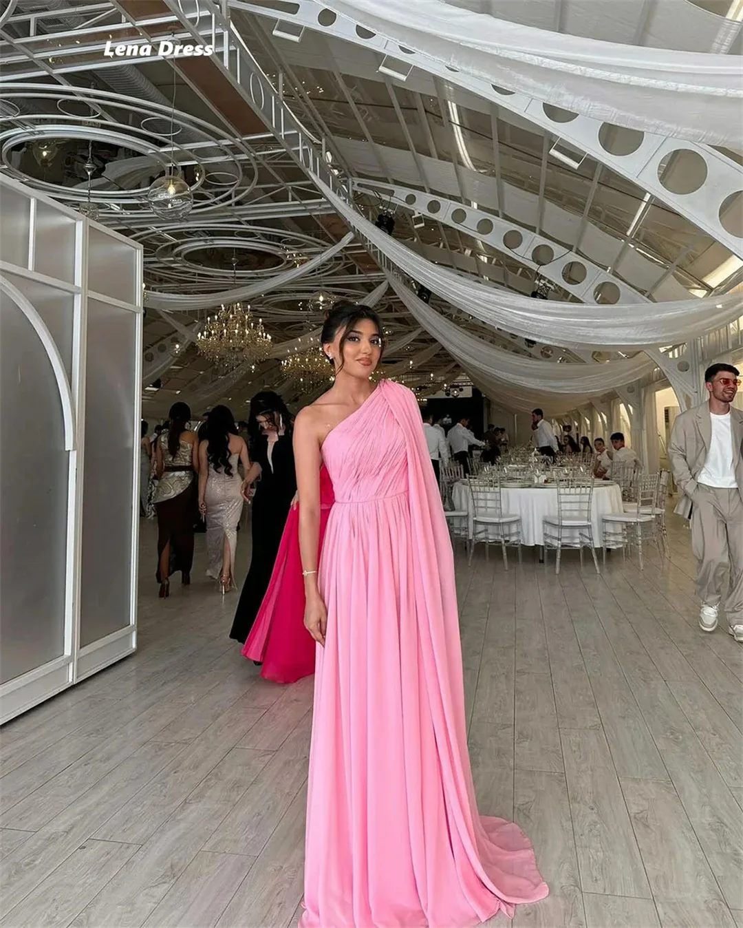 Lena One Shoulder Evening Dresses Pink Wedding Dress Chiffon Elegant Party Dresses Woman Line A Custom Made Ground Length Prom