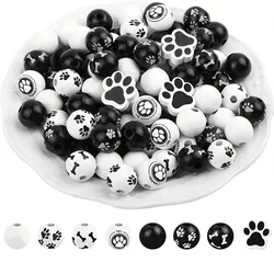 75pcs Dog Paw Bone Pattern Wooden Beads Black And White Wooden Craft Beads Puppy Paw Footprint Spacer Beads For DIY Jewelry