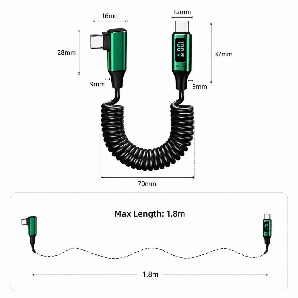 100W Fast Charging Right Angle USB-C Cable 5A Real-Time Display Digital Display Cable E-Marker Chip Data Transfer Data Line