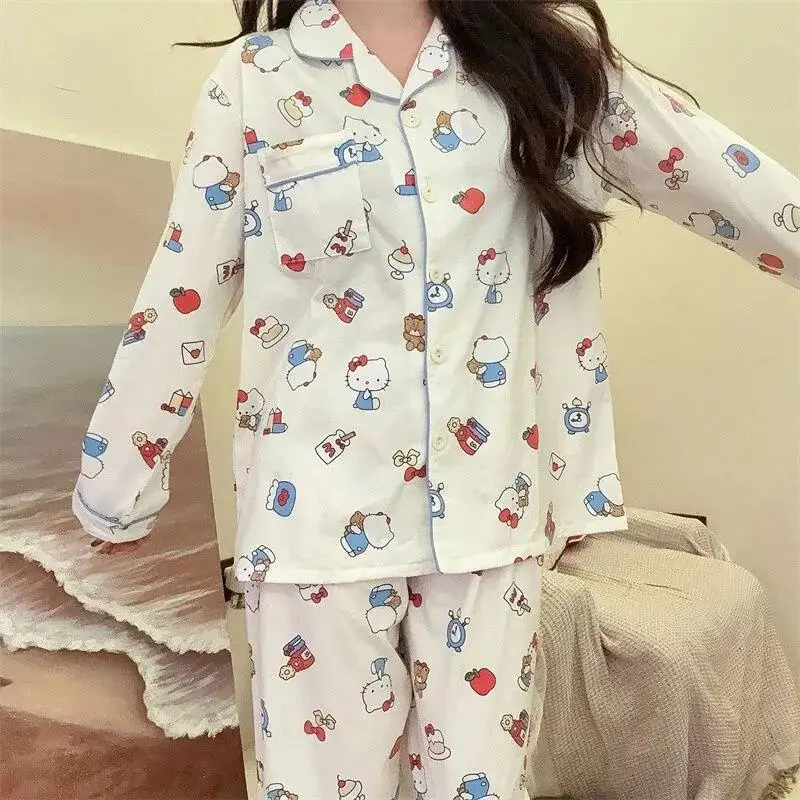 

Sanrio Hello Kitty, пижамы для молодых девушек, кавайные студенческие осенние брюки с длинными рукавами и длинными рукавами, комплект домашней одежды Hostel, носимый на открытом воздухе