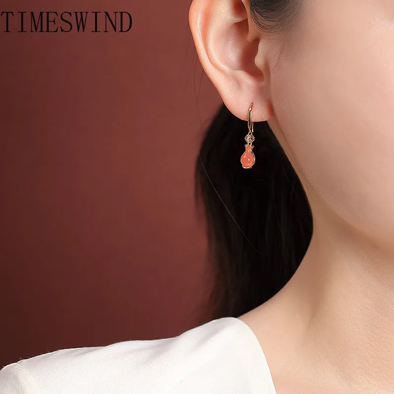 TIMESWIND Original Red Agate Ruyi Bamboo Leaf Vase S925 Silver Women Fashion Jewelry Earrings with Certificate