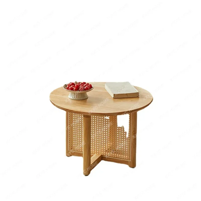 Middle Ancient Rattan Weaving Living Room Center Table Solid Wood Side Table Round Coffee Tables Stable Load-bearing Tea Table