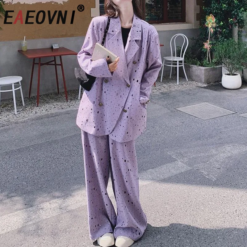 

EAEOVNI Purple 2025 Autumn New Two Piece Set Women Fashion Contrast Color Design Blazer Coat + Wide Leg Long Pants Clothing