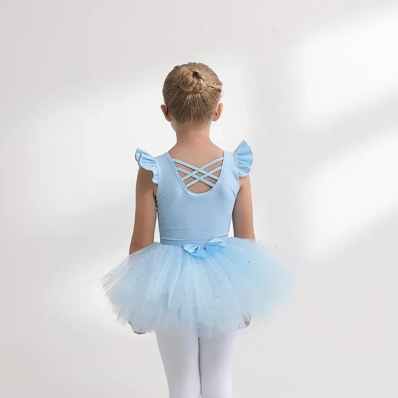 Sparkle Ballet Tutu Skirt Artistic Gymnastics Mesh Girl Leotard Flutter Short Sleeve Ballerina Princess Dress Up Costume Korea