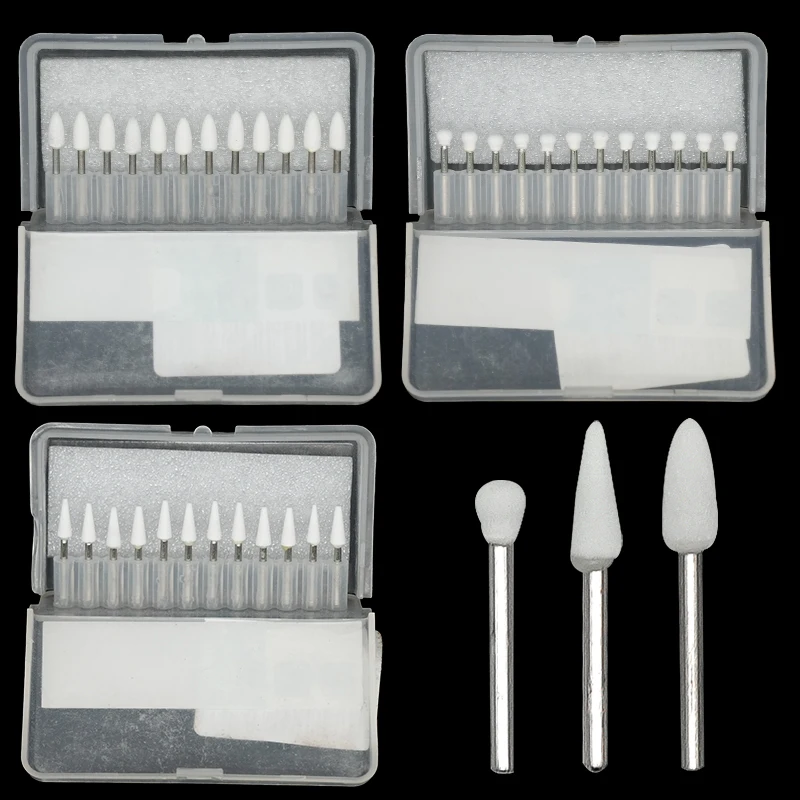 

12pcs/Pack Dental Polisher White Stone Polishing Burs Flame Cone Round Shape Abrasion Bur Metal Resin Porcelain Dentistry Tools