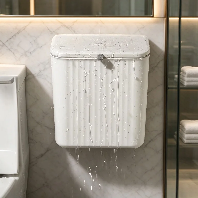 Space Saving Wall Mounted White Plastic Trash Bin Multi Functional Kitchen Garbage Storage Easy Clean