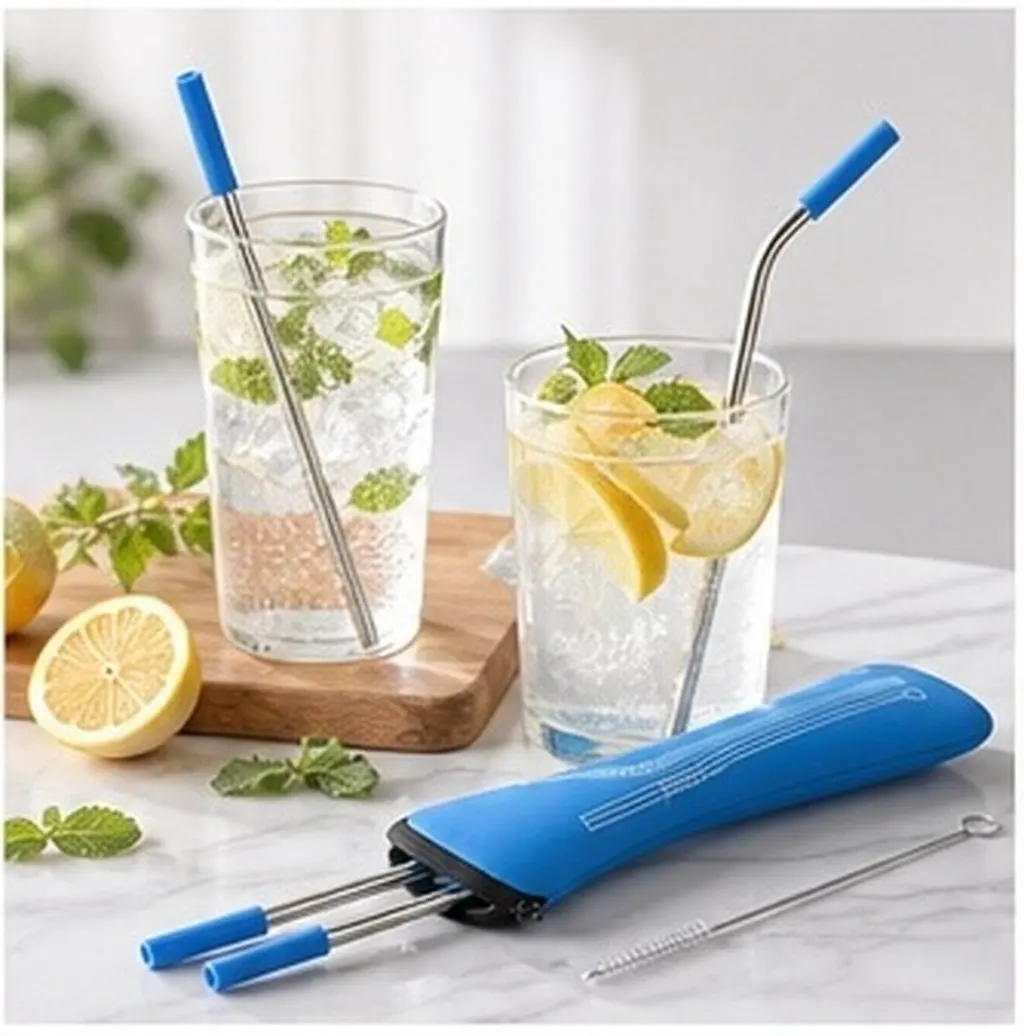 1Set Stainless Steel Straw Set 304 Premium with Silicone Tips Scratch Resistant Drinking Sucker for Smoothies Party