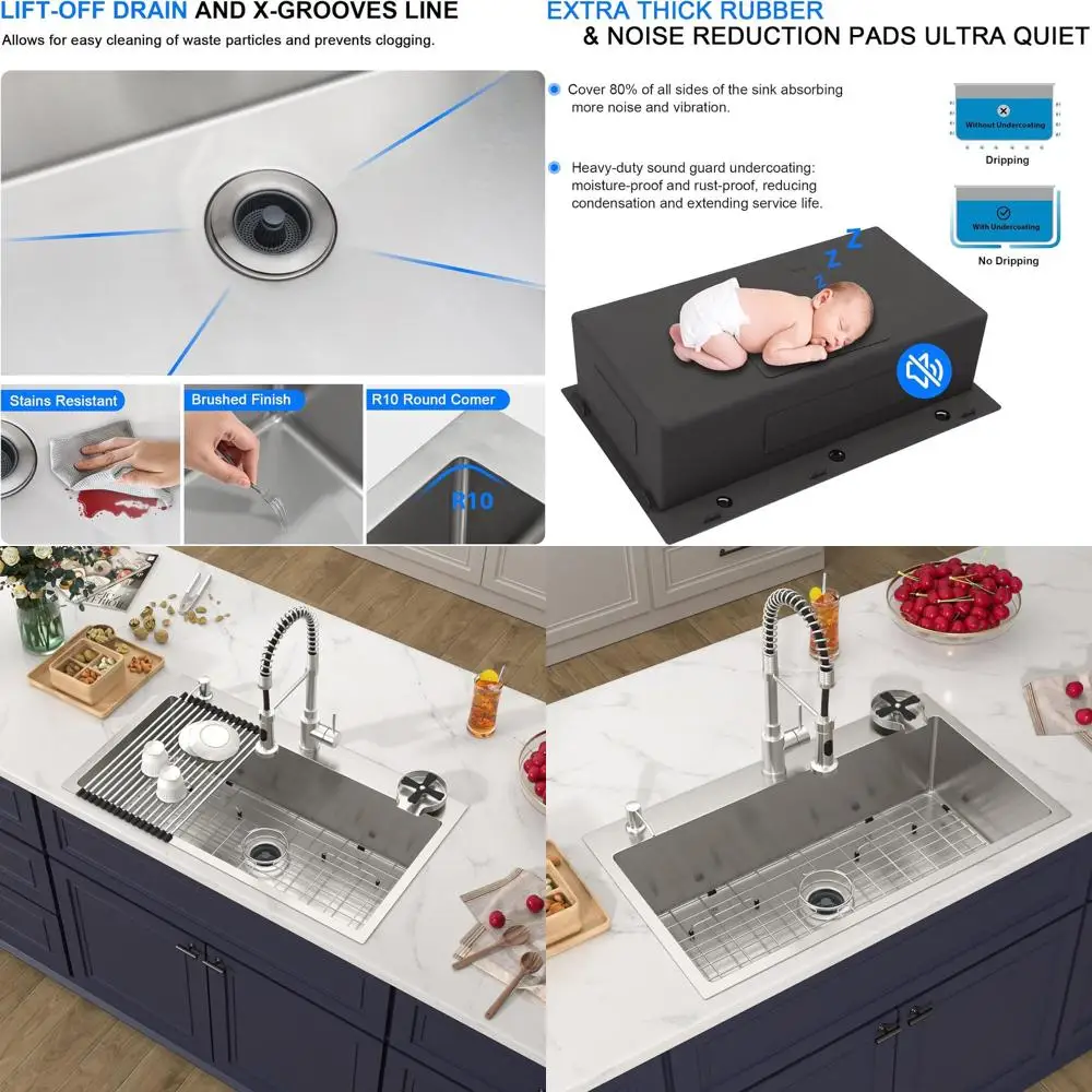 

33x19 Inch Topmount Single Bowl Kitchen Sink - 16 Gauge Stainless Steel, Overmount Design, Easy Clean X-Drain