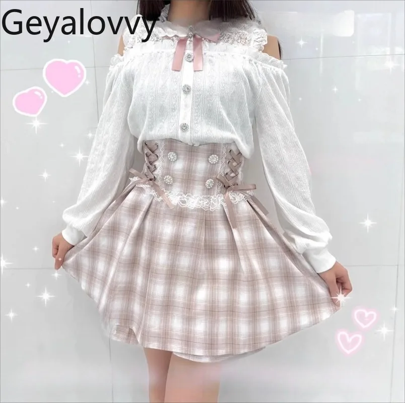 

Autumn New Japanese Style Versatile Sweet Cute High Waist Short Skirt Fashion Lace Bow Plaid A-line Mini Skirts for Girls
