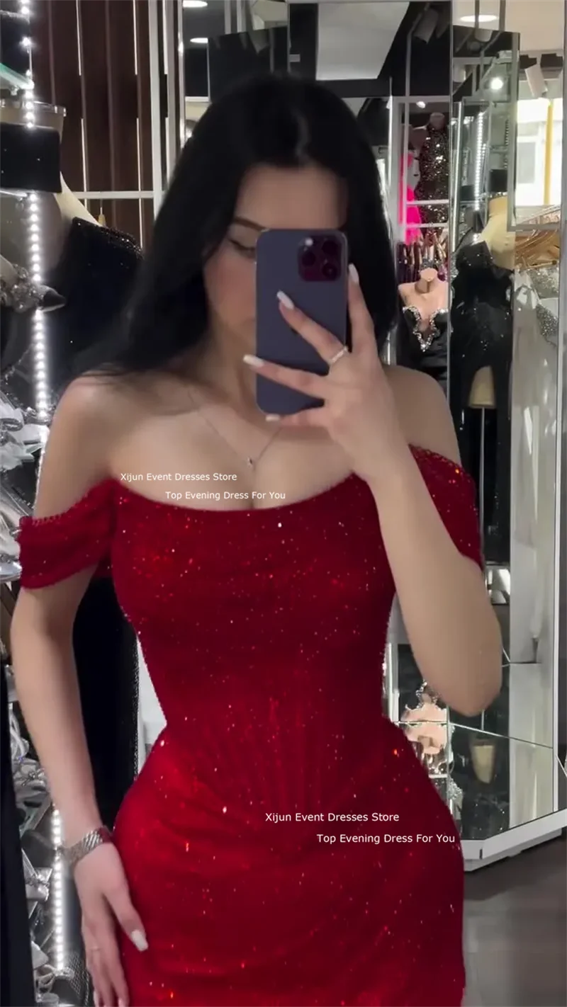 Xijun Glitter Red Evening Dresses Mermaid Off The Shoulder Prom Gowns Celebrity High Side Slit Prom Dresses Birthday Parrty Gown