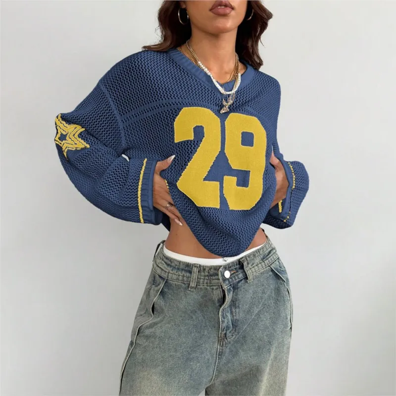 

Fashion Mesh Hollow Knitted Pullover Letter Printing Loose Top Women V Neck Long Sleeve Sport Street Y2K Summer Sweater