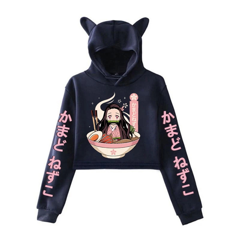 New Anime Cat Cropped Hoodie Female Long Sleeve Women's Hoodie Kamado Nezuko Printing Crop Top Y2k Sweatshirt