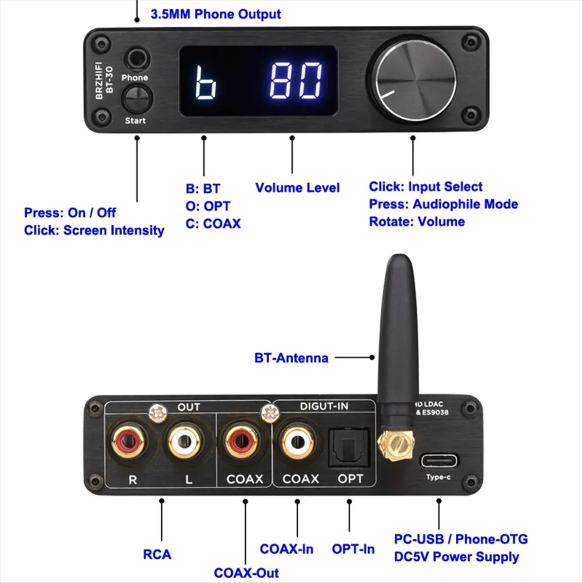 M85K  HIFI LCD ES9038Q2M QCC5125 Bluetooth Board -HD LDAC Sound Decoder 24Bit/96kHz Coaxial Fiber Remote
