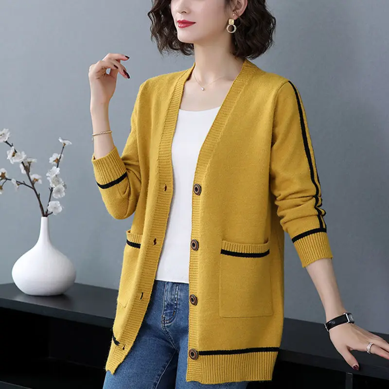 2024 Autumn Winter New Sweater Coat Ladies Loose Korean Long Sleeve Knitting Mid Length Top Women Clothing Striped Cardigan Tops