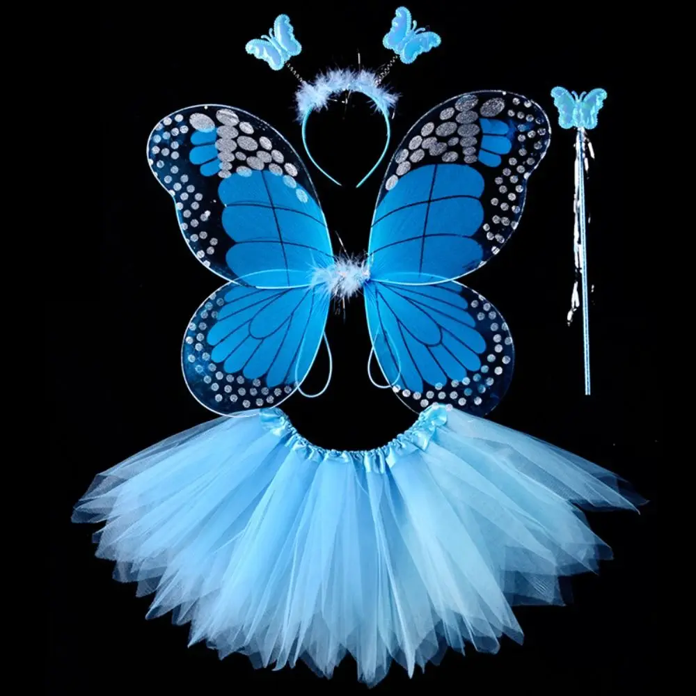 Adult Kids 3/4Pcs Fairy Costume Set Simulation Butterfly Wings Pointed Tutu Skirt Headband Wand Party Dress Up Halloween Gift