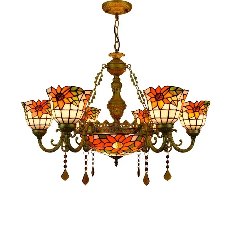 

Stained glass Mediterranean pastoral retro living room glazed chandelier, American restaurant bar lighting