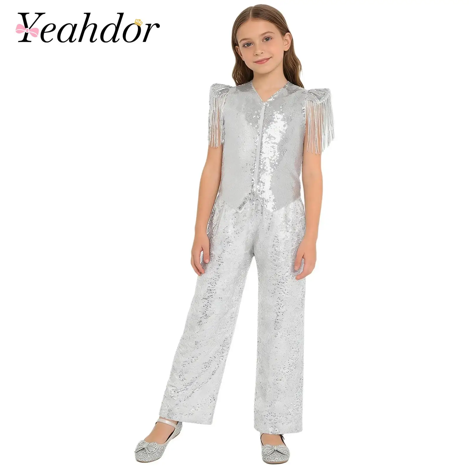 Kids Girls 70s Disco Outfits Fashion Hippie Costume Sparkling Sequin Jazz Dance Outfit Sequined Tassels Metallic Vest with Pants