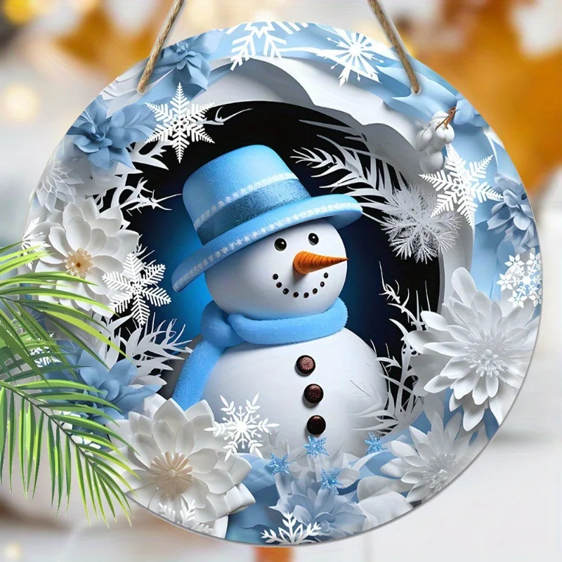 1pc 2D Christmas Blue Winter White Snowman Snowflake Wood Porch Wreath Hanging Print Sign Painting Home Fence Decoration