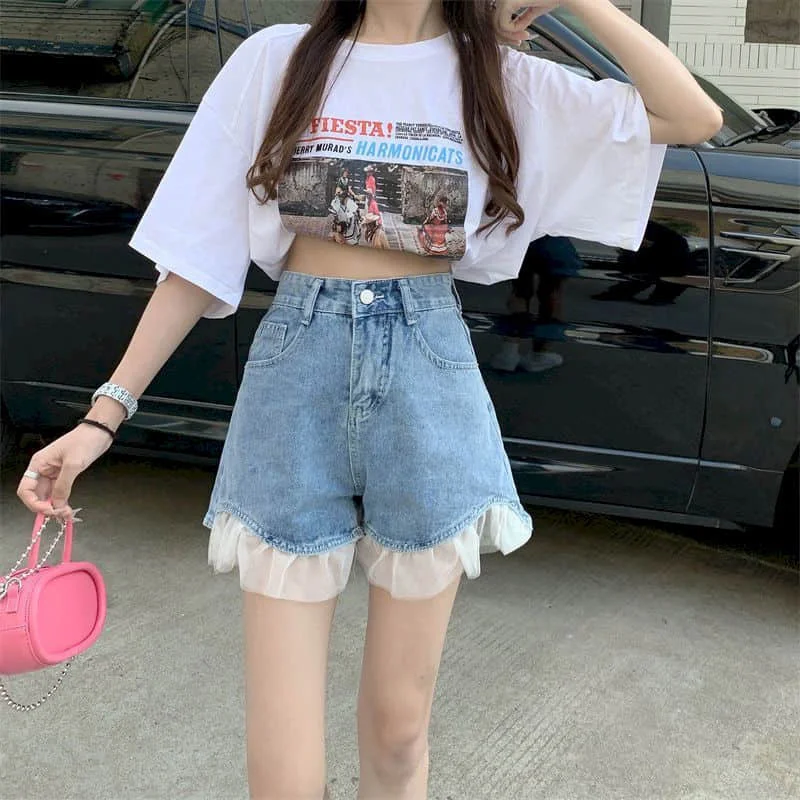 

Denim Women Shorts Lace Stitching Large Size Vintage Summer Casual Korean Style Jeans High Waisted A-line Shorts Women Clothing