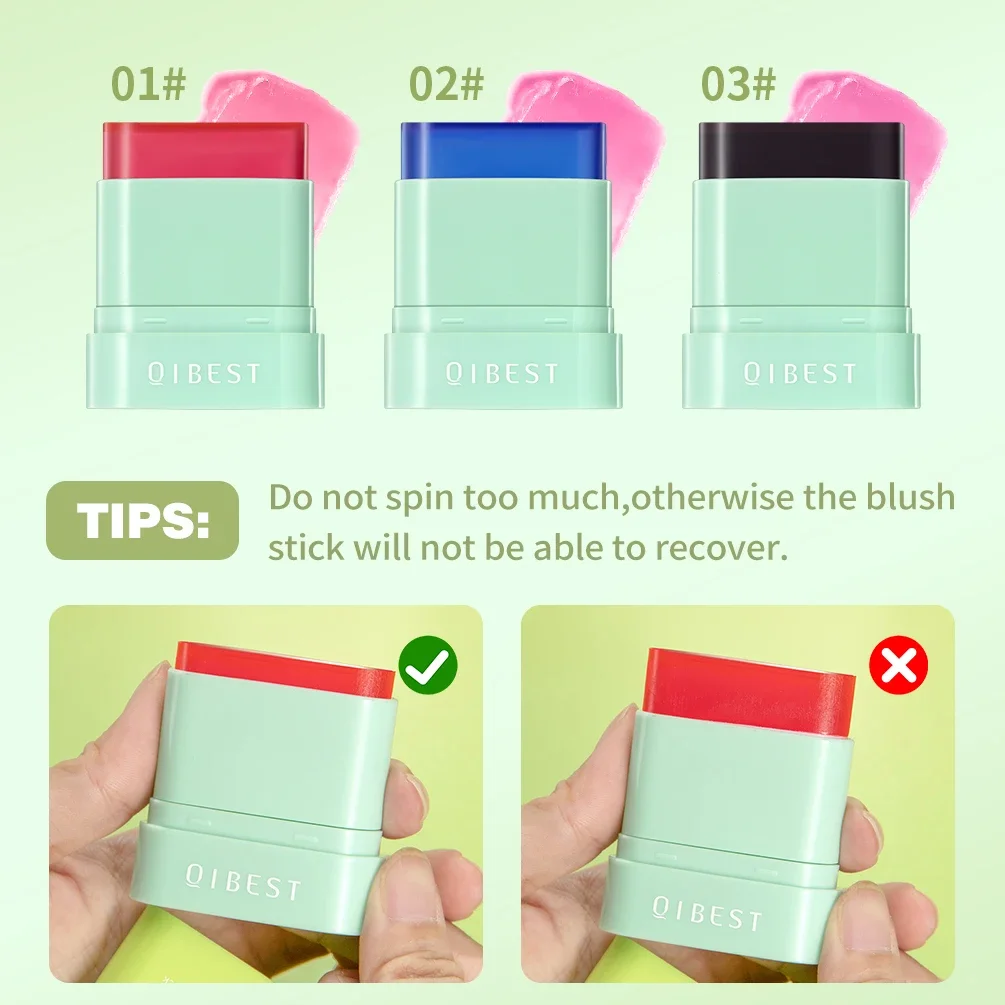 Qibest Jelly Blush Stick Stick per labbra e guance, fard tinta multiuso, fard con acqua rinfrescante Tinta velata per labbra Trucco viso