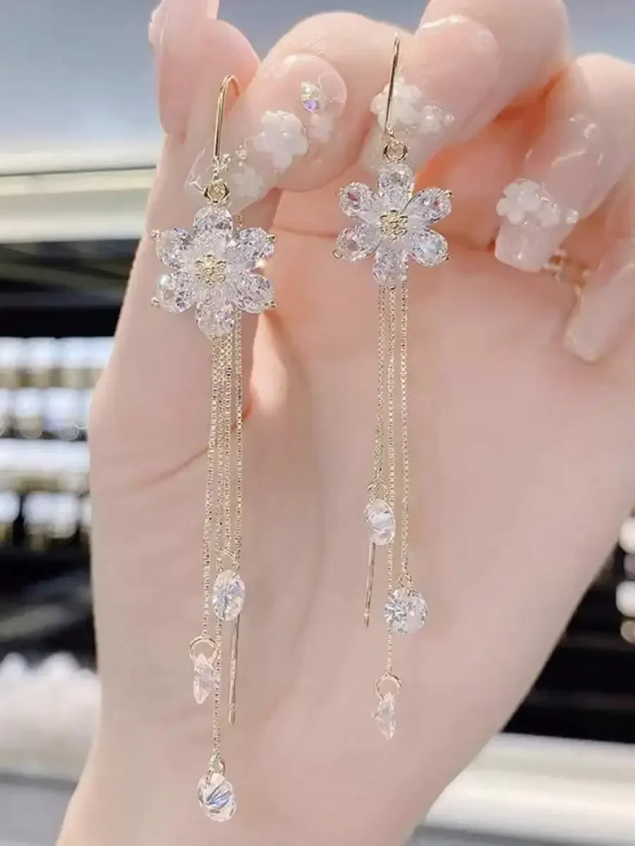 

Elegant Flower Crystal Dangle Earrings With Long Tassel For Women