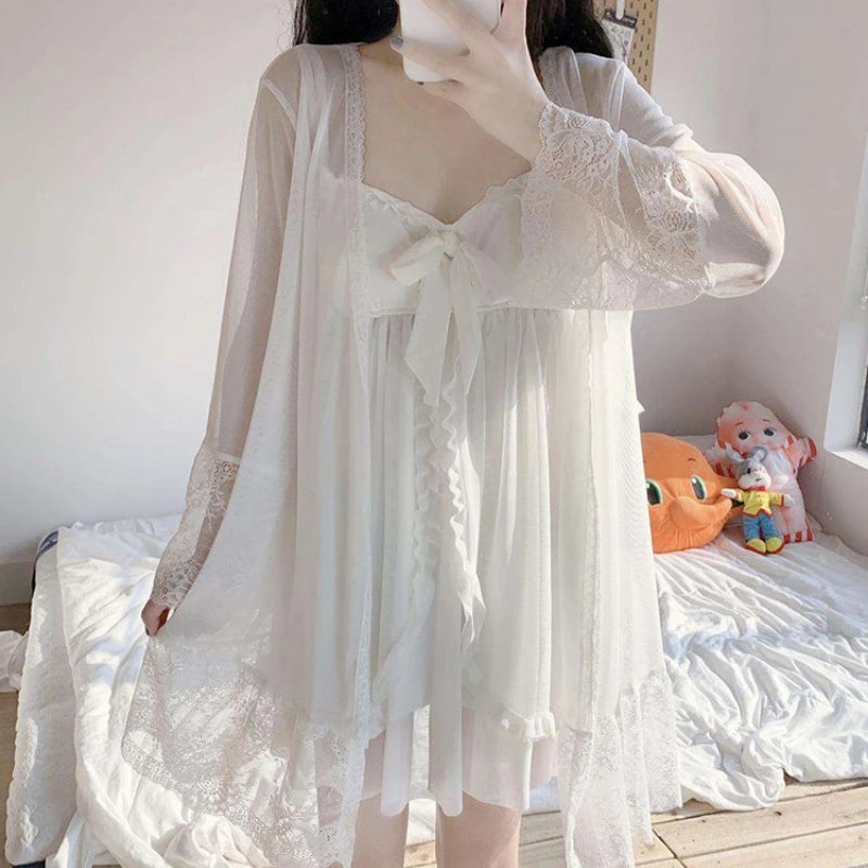 Robe Gown Sets Women Sweet White Sexy Mujer French Style Elegant Sleep Suit Princess Home Mini Dress Spaghetti Strap Lace Chic