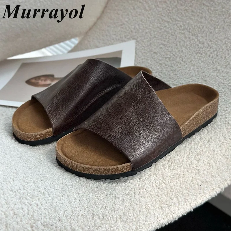 

Open Toe Cork Bottom Slippers Women's Genuine Leather One Strap Thick Bottom Slippers Summer Outdoor Vacation Beach Shoes