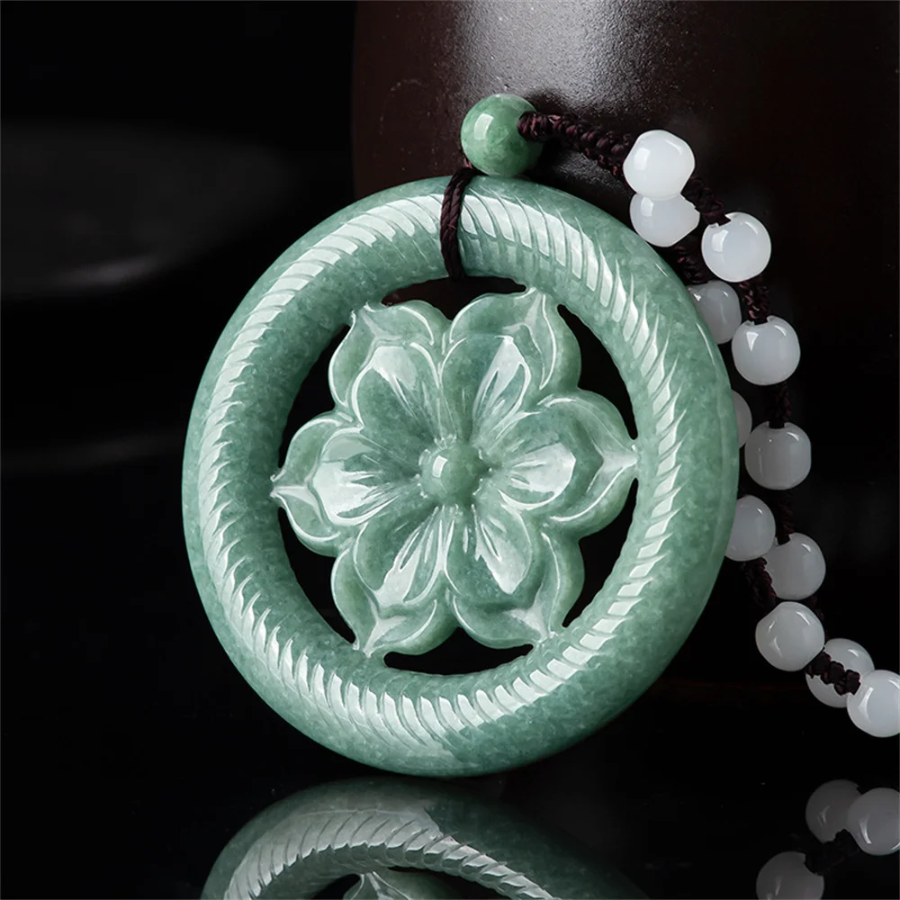 الجاديت الأخضر الطبيعي منحوتة الجوف تتفتح زهرة قلادة تميمة قلادة شهادة الفاخرة اليشم خمر هدية مجوهرات