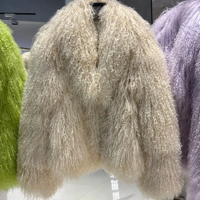 سترة نسائية من فراء الأغنام المنغوليا الحقيقي سترة فرو الأغنام البني الداكن