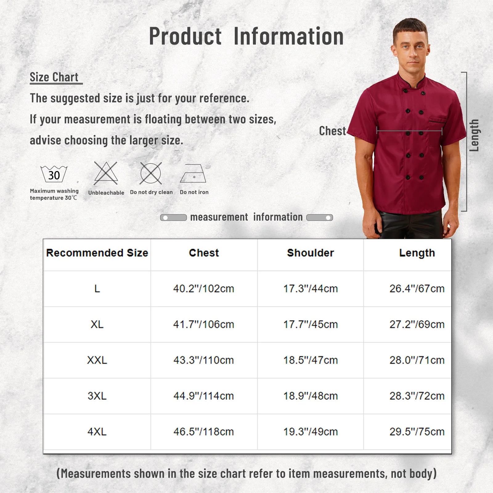 Mens Kitchen Chef Coat Restaurant Uniform Shirts Short/Long Sleeves Chef Jacket Works Clothes Double Breasted Service Bakery Top