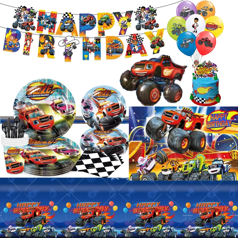 Globos Blaze Monster, pancarta de feliz cumpleaños, decoraciones para fiestas, máquinas de carreras, adornos para pasteles, coche, vajilla desechable, juguete