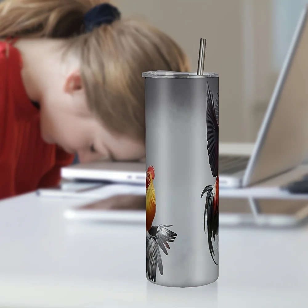 1pc/20oz/590ml/Double Wall Stainless Steel Insulated Skinny Tumbler with Straw And Lid,Outdoor Travel Coffee Mug,Rooster Design,Perfect for Seasonal Holiday Celebrations,Spring Party Supplies,Valentine's Day Gifts,Romantic Gifts for Family