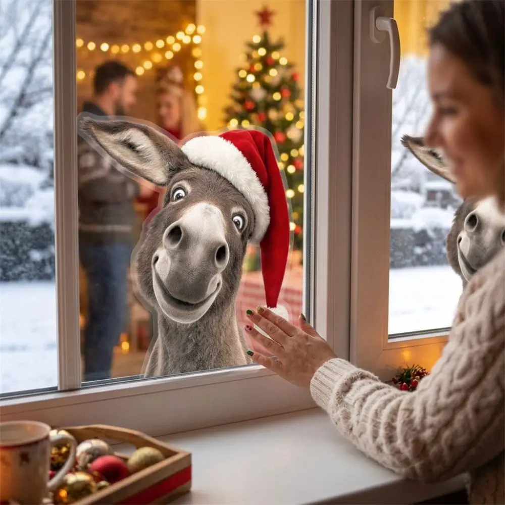 Cartoon Christmas Donkey Window Cling Santa Hat Self-Adhesive Holiday Glass Wall Sticker Aesthetic Waterproof