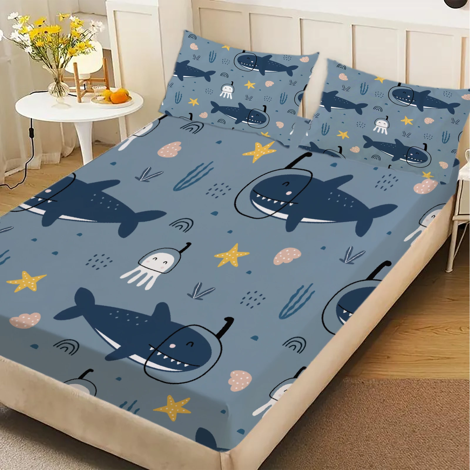 3pcs Fitted Sheet Cute Cartoon Style Bedroom For Children Set Sharks Star Jellyfish Coral Sea Printed Bed Sheet With Pillowcases