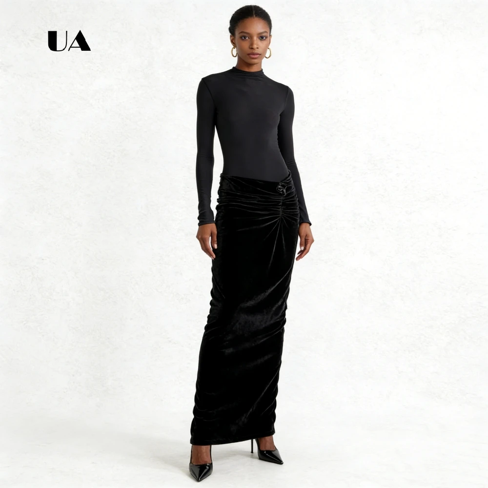 ULBYANRY ラッフルベルベットシースプロムドレス、長袖、ソリッドハーフハイネック、3Dフラワーイブニングドレス、カスタマイズされたパーティードレス