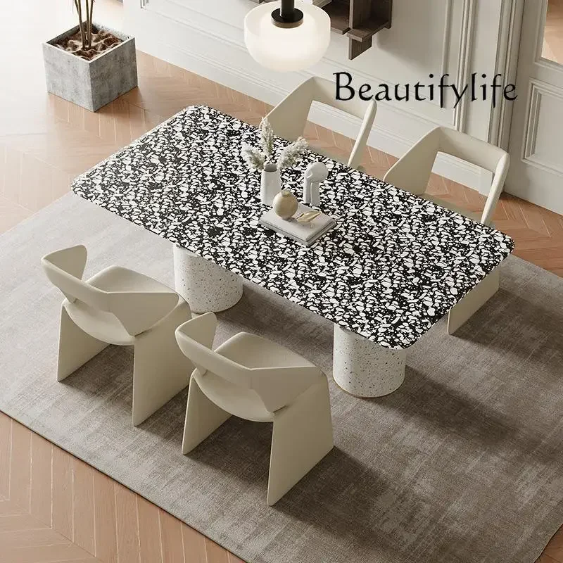 

French cream dining table household small apartment marble table rectangular designer style high sense