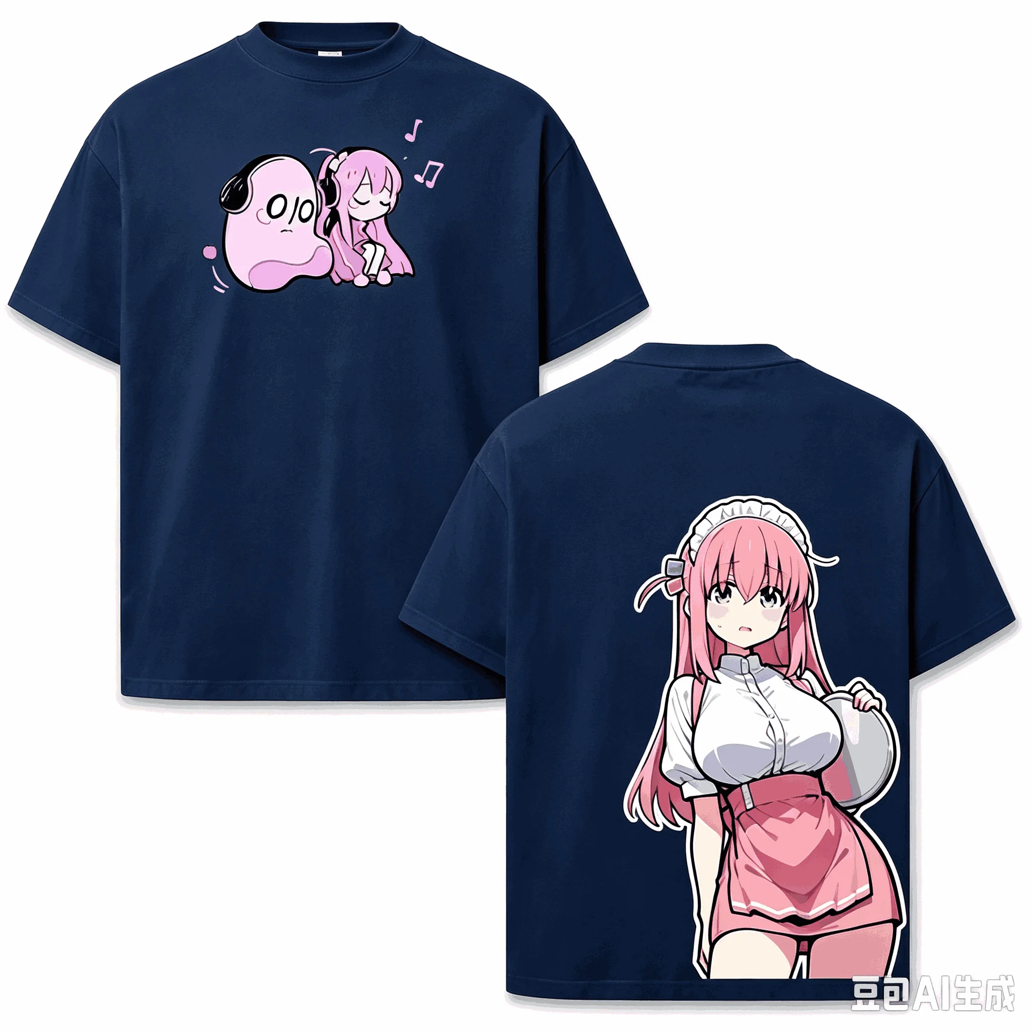 Anime Bocchi The Rock Hitori Gotoh Dienstmädchen-Outfit Doppelseitig Bedrucktes T-Shirt für Männer und Frauen Vintage Y2K Gothic Baumwolle Oversized T-Shirts – Detail 4