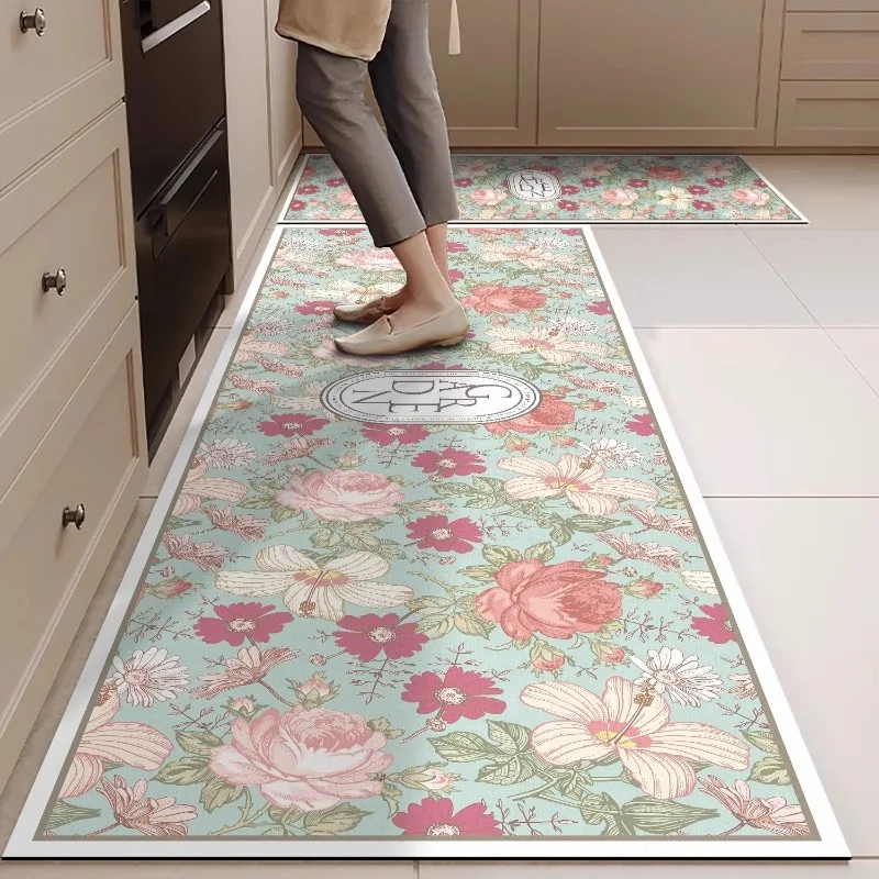 Ideal Kitchen Floor Mat PVC Leather Waterproof Foot Mats Non-slip Oil-proof Washable Rug Graceful Flowers Print Carpet Ковер 러그