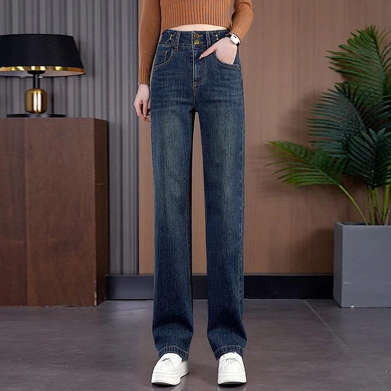 

Прямые джинсы с высокой талией в стиле ретро, женские осенние новые свободные утягивающие повседневные узкие брюки, универсальные широкие брюки